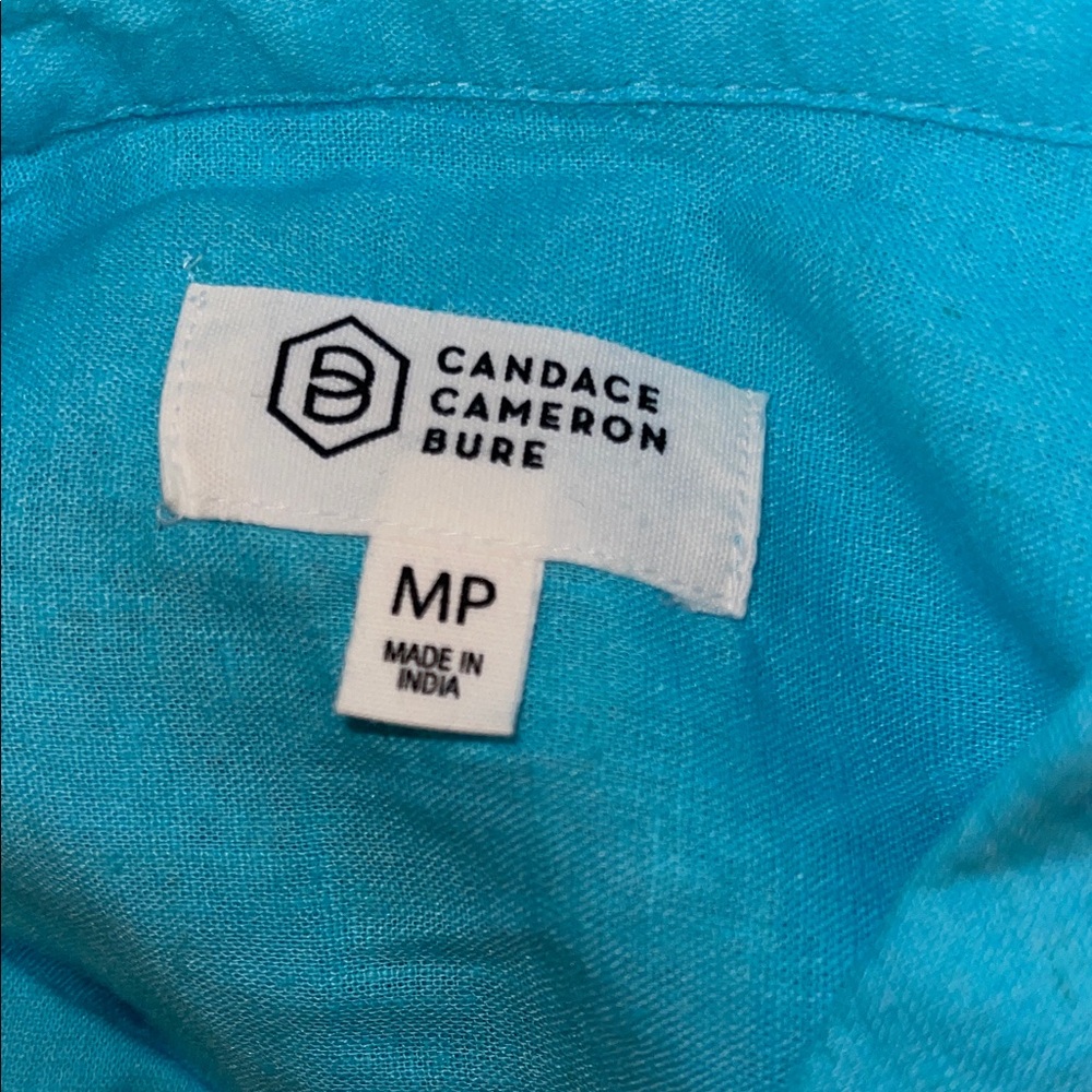Candace Cameron Bure Linen Blend Turquoise Button-Down Shirt - Picture 4 of 5